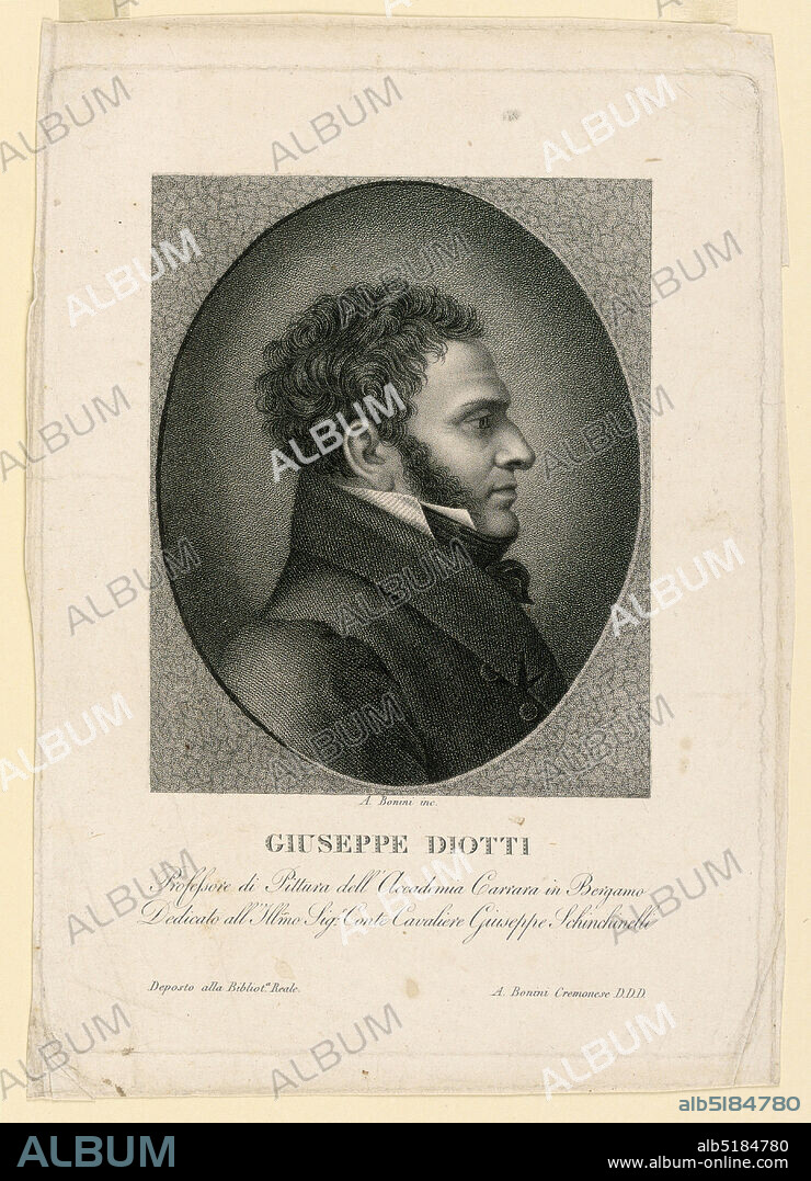 Portrait of Giuseppe Diotti (1779-1846), Angelo Maria Damiano Bonini, Italian, born 1790, Stipple engraving on paper, Shoulder-length portrait of G. Diotti in side view., Italy, ca. 1820, Print, Print.