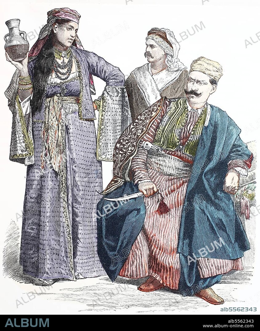 Folk traditional costume, Clothing, History of costumes, Armenian girl, Druse, Inhabitants of Damascus, Historical, Digitally restored reproduction of a 19th century original.