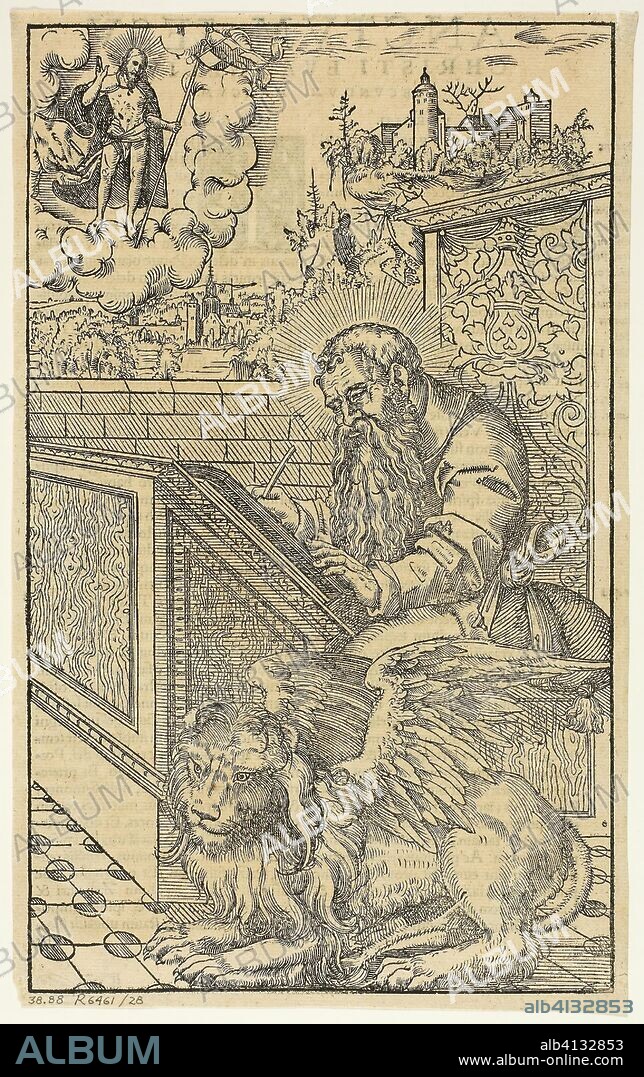 LUCAS CRANACH II. Saint Mark from Latin Bible, plate 28 from Woodcuts from Books of the XVI Century. Lucas Cranach, the Younger (German, 1515-1586); published by Nicolaus Wolrab (German, active c. 1536-1551); portfolio text by Max Geisberg (Swiss, 1875-1943). Date: 1541-1544. Dimensions: 263 × 159 mm (image); 270 × 170 mm (sheet). Woodcut in black with letterpress on verso on tan laid paper. Origin: Germany.