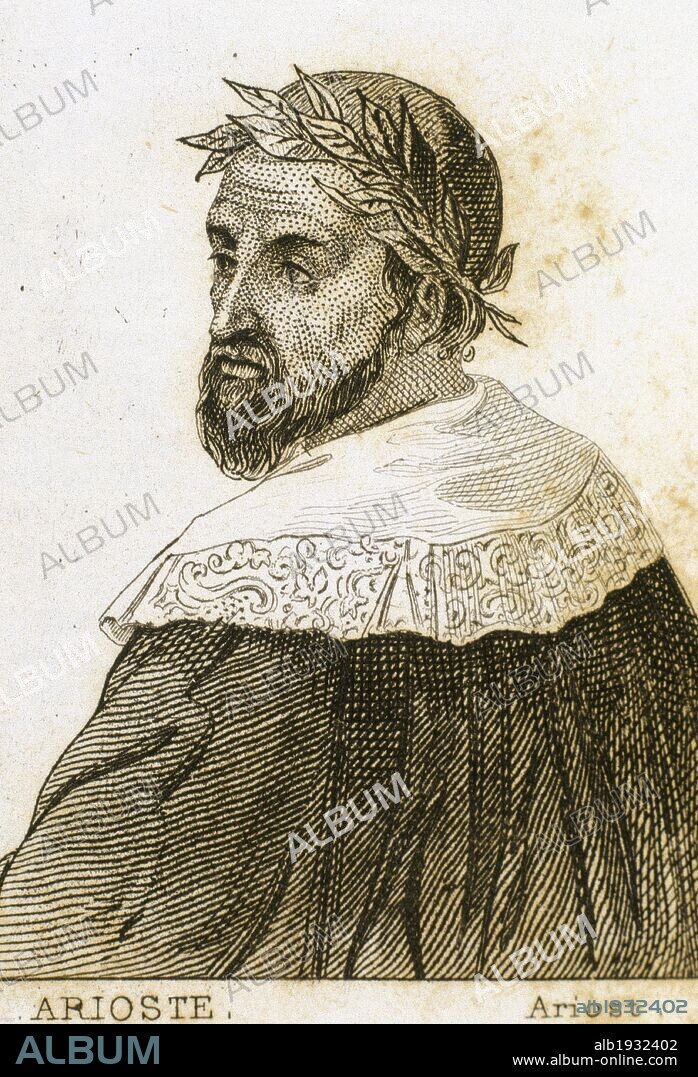 ARIOSTO, Ludovico (Ressio Emilia,1474-Ferrara, 1533). Poeta italiano procedente de una noble familia al servicio de la casa de Este. Su obra maestra, culminación de la epopeya renacentista, es el "Orlando el Furioso". Grabado.
