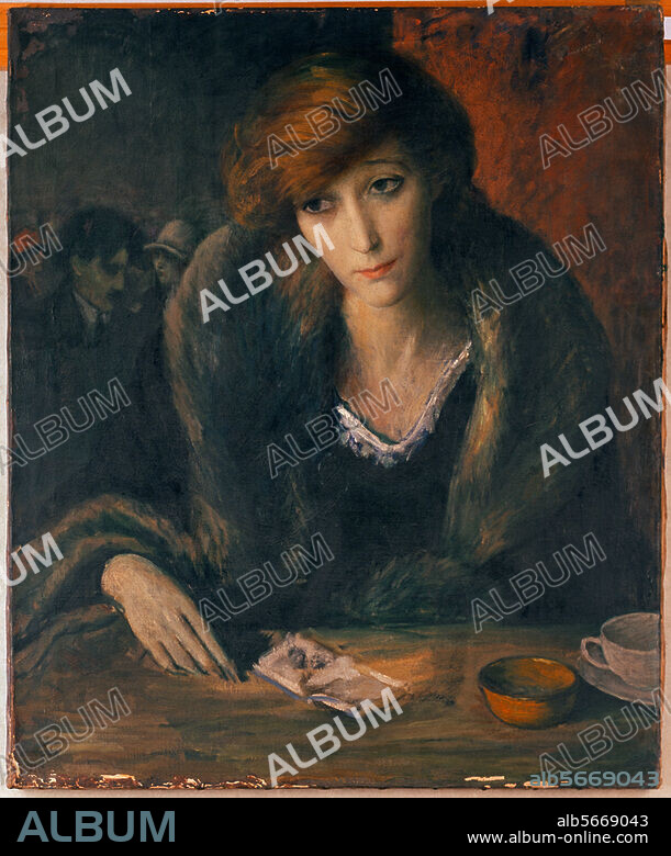 Mensch / Frau / Frauenbild:. "Porträt einer jungen Frau an einem Kaffeehaus-Tisch". Gemälde von Imre Goth (1893-1982). Öl auf Leinwand, 34,3 × 26,7 cm. Kunsthandel London (Bonhams) 1993.