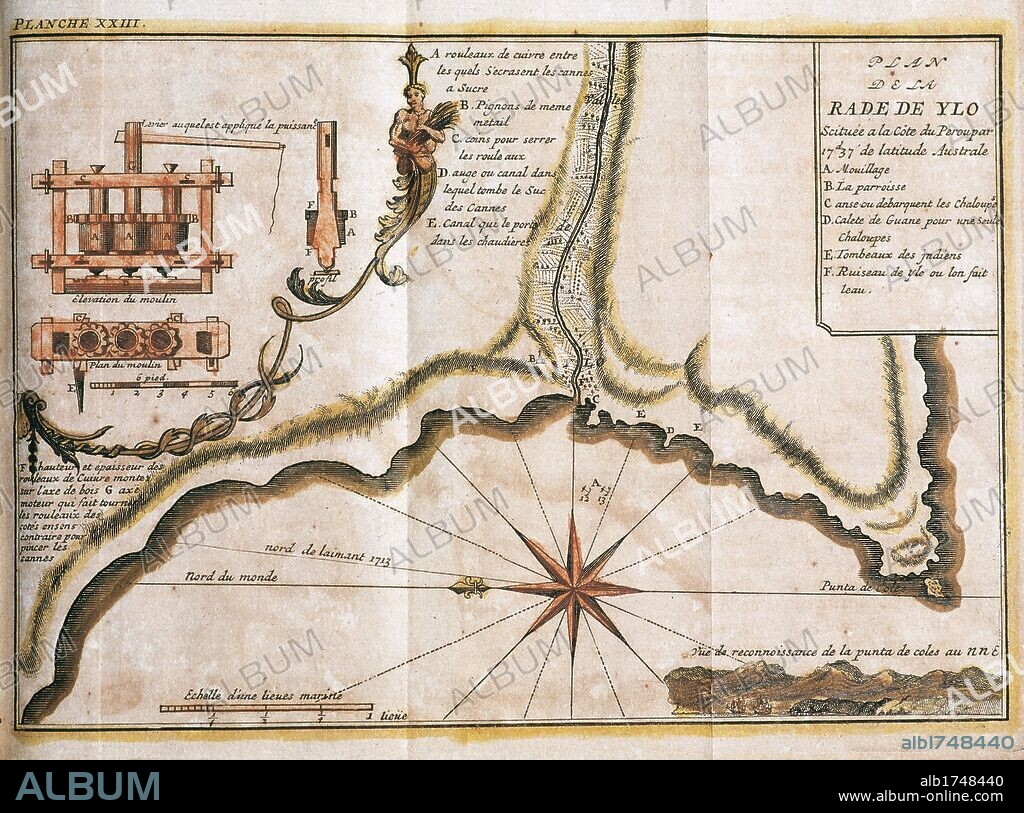 AMERICA DEL SUR. PERU. SIGLO XVIII. PLANO DE LA RADA DE YLO. Actual ILO, puerto principal situado en la costa peruana. Plano de un Molino dedicado a la obtención de azucar, extraido de la caña de azucar. "RADA DE YLO", a 17,37 de latitud austral, en la costa del Pacífico. Grabado francés de año 1716. Biblioteca de Cataluña. Barcelona.