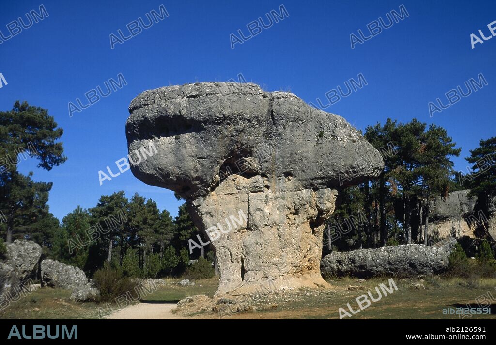 CASTILLA-LA MANCHA. "CIUDAD ENCANTADA". Formación geológica en que los agentes atmosféricos han moldeado las rocas calcáreas, originando un conjunto caótico. Vista de una de las formas rocosas parecida a un yunque. Provincia de Cuenca. España.