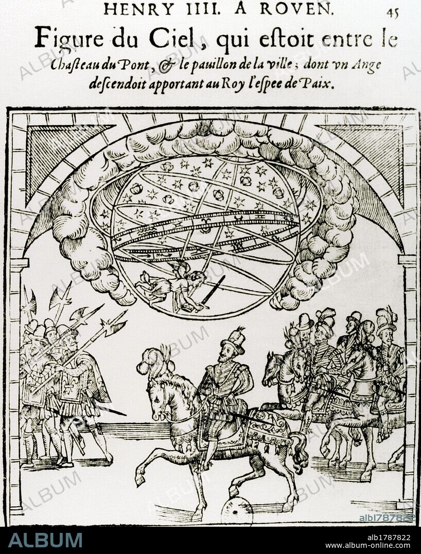 ENRIQUE IV "el Grande" (Pau, 1553-París, 1610). Rey de Navarra en 1562 (Enrique III) y rey de Francia (1589-1610). Jefe de los hugonotes (1569), sucedió a su madre Juana de Albret en Navarra. Tras su alianza con los protestantes estableció la tolerancia religiosa. Fue asesinado por el fanático católico Ravaillac. "ENTRADA DE ENRIQUE IV EN RUAN (1596) ". Grabado.
