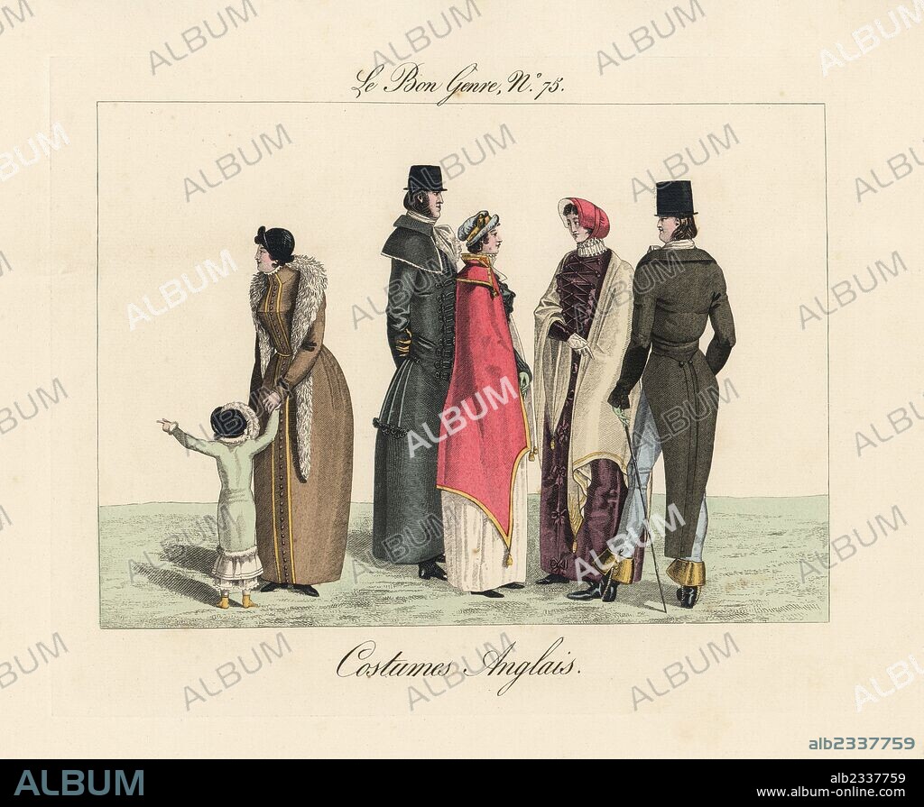 Caricature of English costumes, circa 1815. Men with flowerpot hats, long coats and trousers worn over boots, women in shawls with tassles. "One can see in the background of these English fashions a few borrowings from Spain with all their national awkwardness." Handcoloured engraving from Pierre de la Mesangere's Le Bon Genre, Paris, 1817.