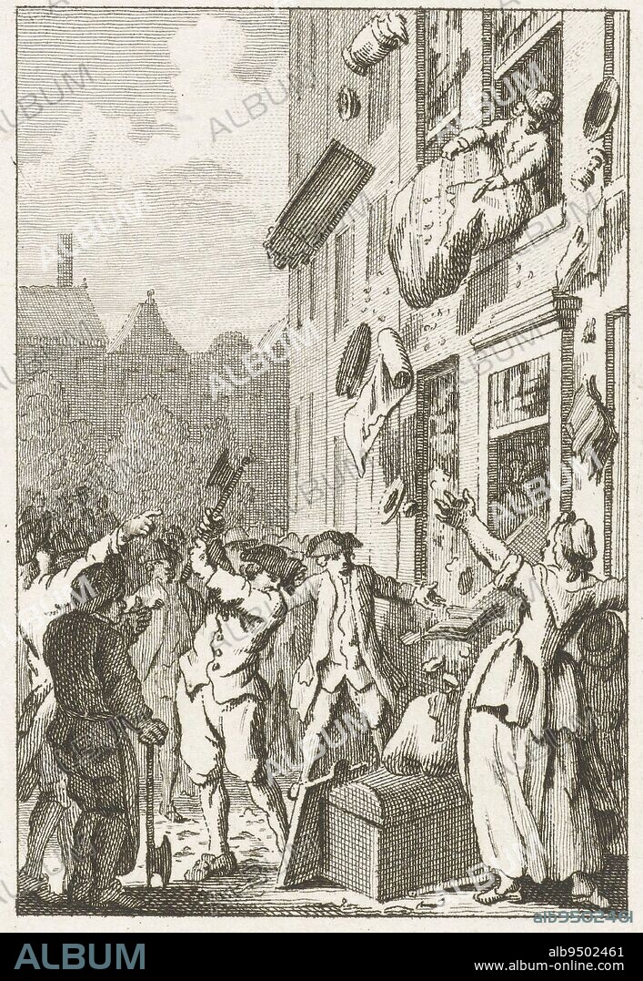 Plundering of the house of mayor Johannes Cocquelle at Middelburg, 1747, Reinier Vinkeles (I), after Jacobus Buys, 1780 - 1795, The plundering of the house of mayor Johannes Cocquelle at Middelburg on April 24, 1747 by a princely mob who suspected that the mayor would want to flee from the city because of the appointment of Willem IV as stadholder at the French threat., print maker: Reinier Vinkeles (I), print maker: Cornelis Bogerts, intermediary draughtsman: Jacobus Buys, Northern Netherlands, 1780 - 1795, paper, etching, h 158 mm - w 111 mm.