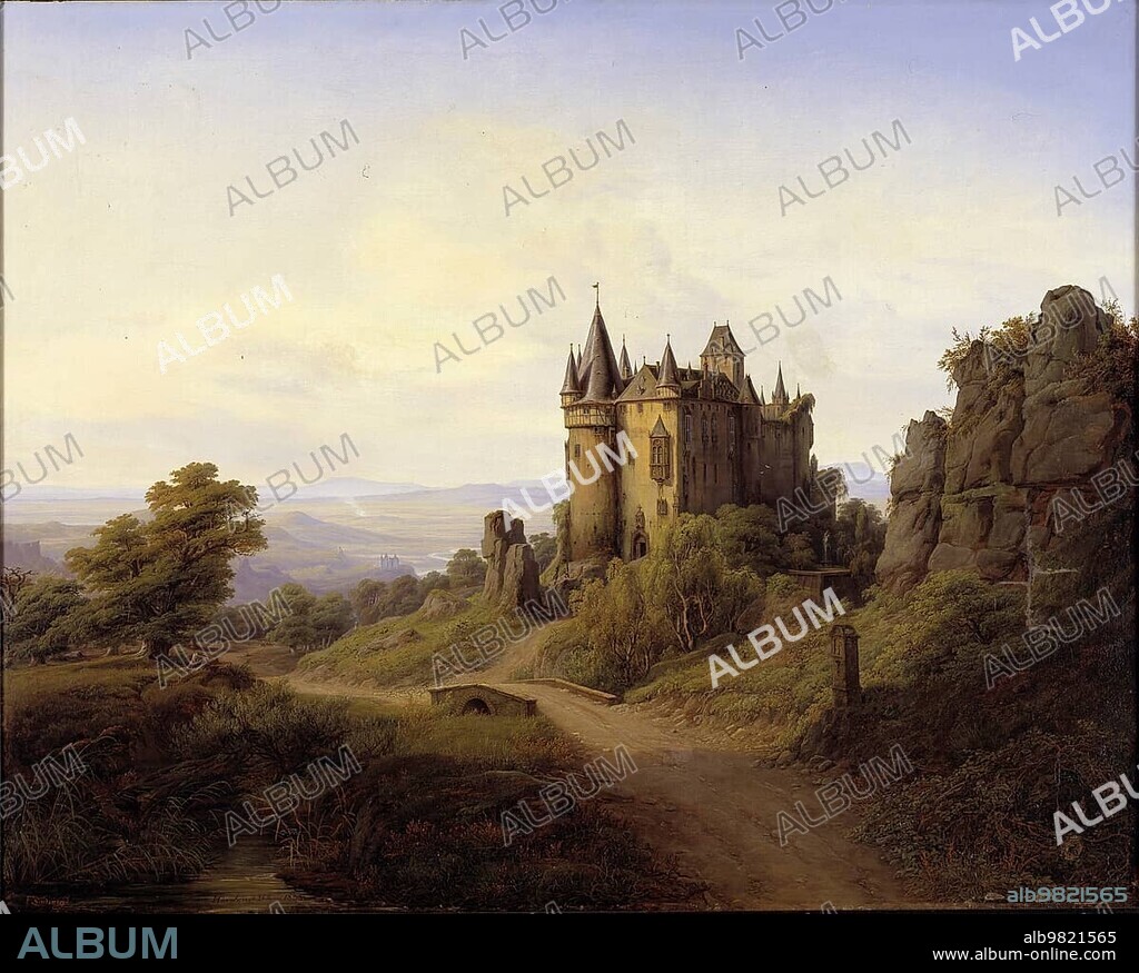 Bürresheim Castle is a castle in the Eifel; Rhineland-Palatinate; Germany; dating from the High Middle Ages and converted into a prestigious residence in the Baroque period; painting by F. Sodring; Historic; digitally restored reproduction from a 19th century original; Europe.