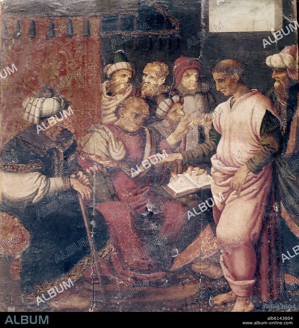 FERNANDO LLANOS (1480-1525). INTERROGATORIO DE CHIRINOS - LEYENDA DE LA SANTA CRUZ - 1521 - RENACIMIENTO ESPAÑOL - PINTURA DEL ANTIGUO RETABLO DE LA IGLESIA DE LA SANTA CRUZ.