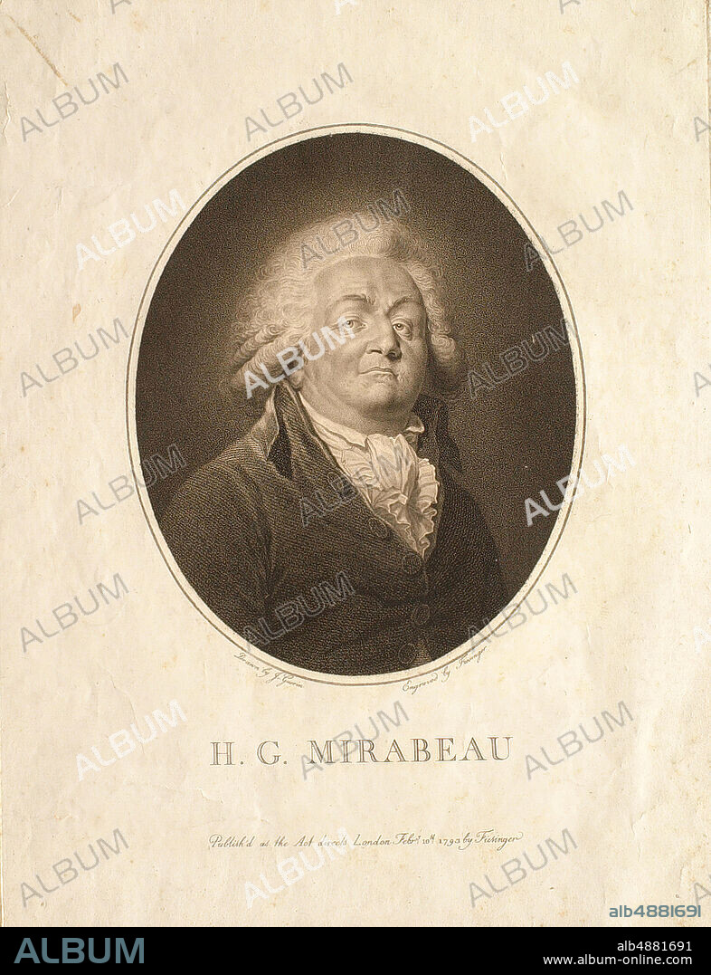 Fritz Gabriel Fiesinger, German, 17521807, After Jean Guérin, (French, 17341787), H. G. Mirabeau (Gabriel Honoré de Riquetti, Comte de Mirabeau, 1749-1791), 1793, Stipple engraving in brown ink on laid paper, image: 13 7/8 x 10 1/2 in. (35.3 x 26.7 cm).