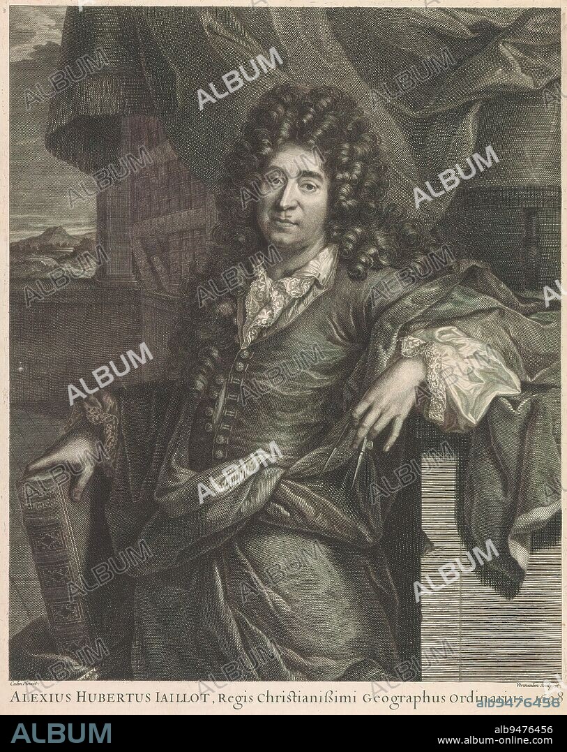 Portrait of Alexis Hubert Jaillot, Alexius Hubertus Iaillot, Regis Christianissimi geographus Ordinarius (title on object), The French cartographer Alexis Hubert Jaillot. In one hand an atlas and in the other a compass., print maker: Cornelis Martinus Vermeulen, (mentioned on object), after painting by: J. Culin, (mentioned on object), Antwerp, 1698, paper, engraving, height 398 mm × width 304 mm.