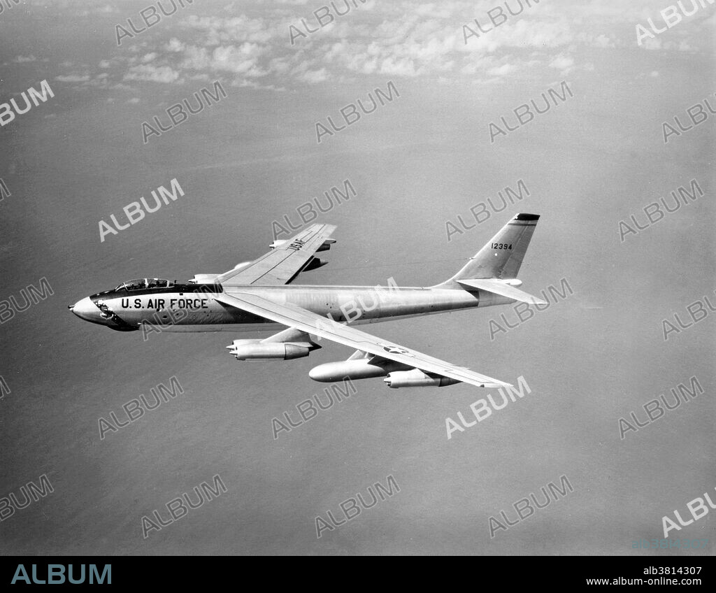 An overall view of a Boeing B-47 Stratojet aircraft in flight. The world's first swept-wing bomber. April 7, 1956. The swept-wing bomber has a top speed of more than 600 miles an hour. It is powered by six General Electric J-47 turbo-jet engines, has a maximum gross takeoff weight of more than 186,000 pounds and can carry more than 20,000 pounds of bombs. The Boeing B-47 Stratojet (company Model 450) was a long range, six-engine, turbojet-powered strategic bomber designed to fly at high subsonic speed and at high altitude to avoid enemy interceptor aircraft. The B-47's primary mission was to drop nuclear bombs on the Soviet Union. With its engines carried in nacelles under the swept wing, the B-47 was a major innovation in post-World War II combat jet design, and contributed to the development of modern jet airliners. The B-47 entered service with the United States Air Force's Strategic Air Command (SAC) in 1951. It never saw combat as a bomber, but was a mainstay of SAC's bomber strength during the late 1950s and early 1960s, and remained in use as a bomber until 1965. It was also adapted to a number of other missions, including photographic reconnaissance, electronic intelligence and weather reconnaissance, remaining in service as a reconnaissance aircraft until 1969 and as a testbed until 1977.