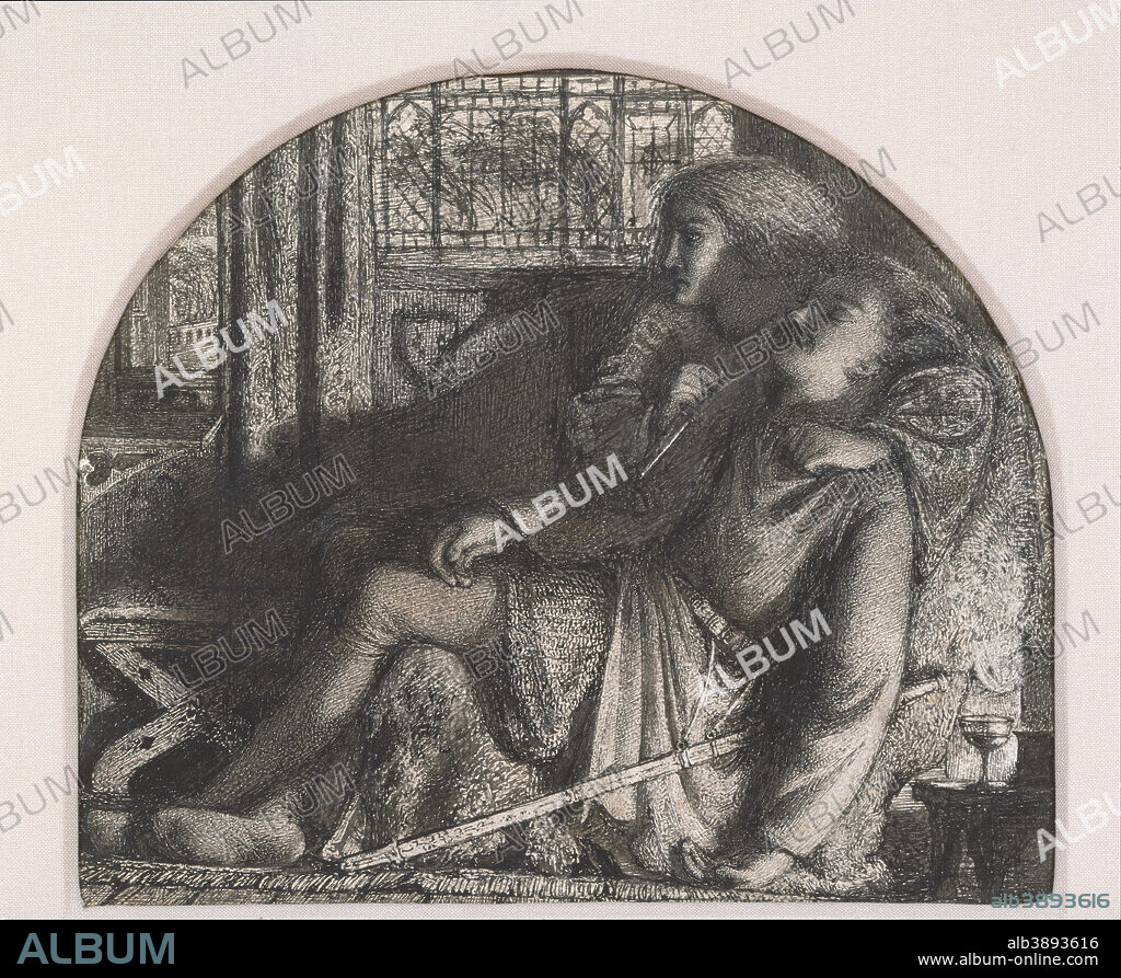 SIR EDWARD COLEY BURNE-JONES. "I rose up in the silent night; I made my dagger sharp and bright". Date/Period: Ca. 1859-60. Drawing. Pen and ink with scratching out over graphite on ivory wove paper Pen and ink with scratching out over graphite on ivory wove paper. Height: 127 mm (5 in); Width: 146.05 mm (5.75 in).