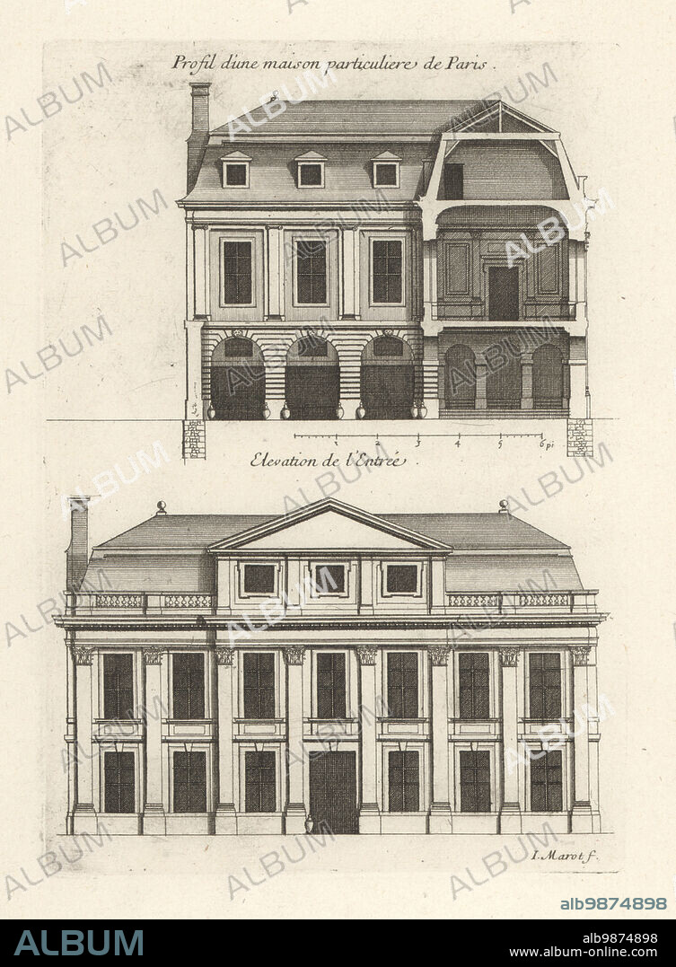 Section of a grand house in Paris, and elevation of the entrance. Profil d'une maison particuliere de Paris. Elevation de l'entree. Copperplate engraving drawn and engraved by Jean Marot from his Recueil des Plans, Profils et Elevations de Plusieurs Palais, Chasteaux, Eglises, Sepultures, Grotes et Hotels, Collection of Plans, Profiles and Elevations of Palaces, Castles, Churches, Tombs, Grottos and Hotels, chez Mariette, Paris, 1655.