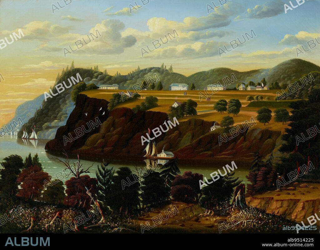 View of West Point, c. 1850, Thomas Chambers, American, (born England), 1808 - 1869, 22 x 30 in. (55.88 x 76.2 cm) (canvas), Oil on canvas, United States, 19th century, Thomas Chambers most likely painted this vibrant view of West Point military academy when living in the Hudson River valley, in New York. The bold, colorful patterns in the trees, cliff face, and flowers, and some inconsistencies in scale, display the originality of his self-taught style. Artistic devices like the hillside view, broken trees in the foreground, and river curving into the hazy distance reveal his knowledge of landscapes painted by professional artists in the region.