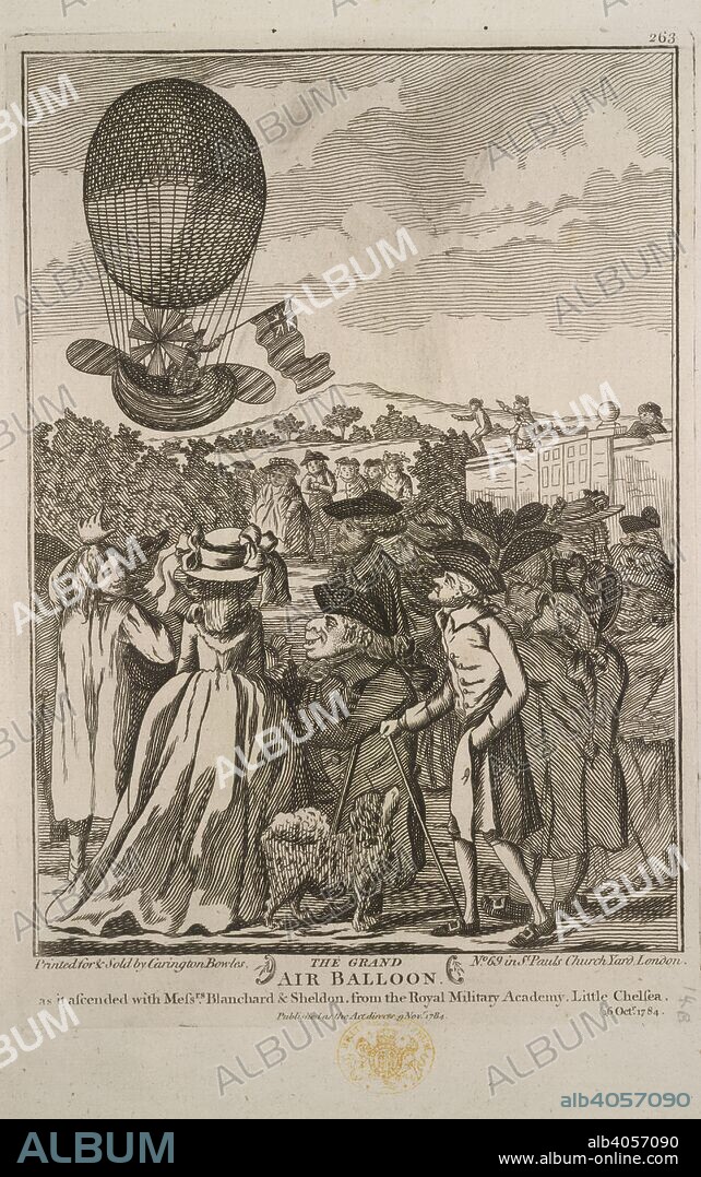 The grand air balloon. Jean-Pierre Blanchard and John Sheldon ascending in a balloon on the 16 October, 1784. A collection of broadsides, cuttings from newspape. 1780?-1810?. The grand air balloon as it ascended with Messrs. Blanchard & John Sheldon, from the Royal Military Academy, Little Chelsea, 16 Oct. 1784. Jean Pierre FranÃ§ois Blanchard (1753-1809), a French balloonist, inventor of the parachute, was killed at La Haye using one. He was the first man, with John Jeffries, an American, to cross the English Channel by balloon, from Dover to Calais in 1785. Image taken from A collection of broadsides, cuttings from newspapers, engravings, etc., of various dates, formed by Miss S. S. Banks. Bound in nine volumes. Originally published/produced in 1780?-1810?. Source: L.R.301.h.3, 146.