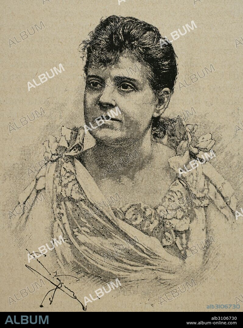 Carlota de Mena  Zamora (1845-1902). Catalan actress. Portrait. Engraving by N.Vazquez. La Ilustracio_n. Revista Hispano-Americana, 1890.