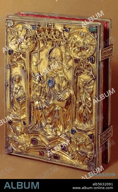 Insignien / Deutsche Reichskleinodien. Das Reichsevangeliar (Krönungsevangeliar Karls des Großen): Gottvater mit Verkündigung an Maria und den vier Evangelistensymbolen. Einbanddeckel, um 1500, von Hans von Reutlingen (um 1465-1547). Silber, vergoldet, Edelsteine, 34,5 × 26,1 cm. Weltliche Schatzkammer, Wien, Kunsthistorisches Museum.