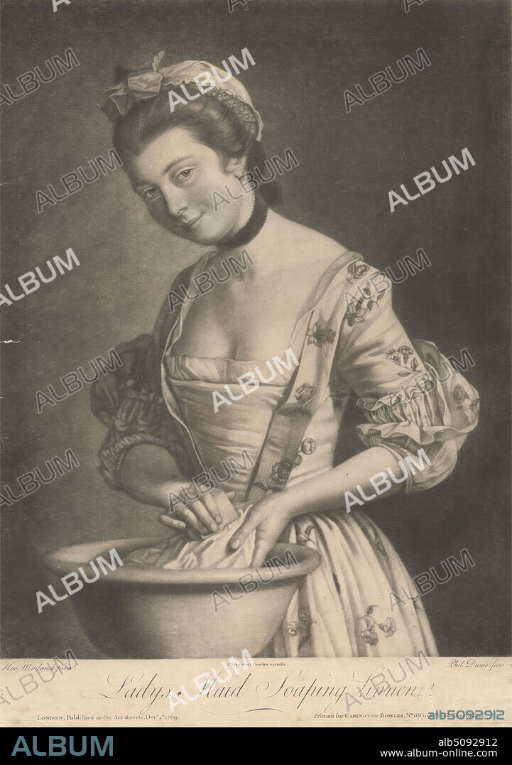 Lady's Maid Soaping Linen, Print made by Philip Dawe, ca.1745ca.1809, British, after Henry Robert Morland, 17301797, British, Published by Carington Bowles, 17241793, British, 1769, Mezzotint on medium, slightly textured, cream laid paper, Sheet: 13 13/16 x 9 13/16 inches (35.1 x 24.9 cm) and Image: 12 3/8 x 9 3/4 inches (31.5 x 24.8 cm), choker, cleaning, cloth, costume, domestic, flowers (plants), genre subject, gown, interior, linen (material), maid, mob cap, pattern (design element), ruffles, soap, washbowl, washing, woman.