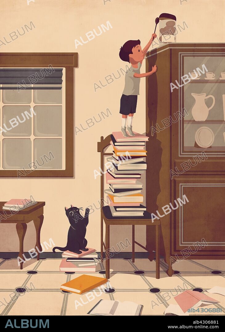 Boy standing on pile of books reaching for cookie jar.