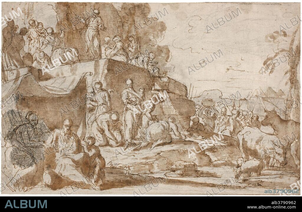 Aureliano Milani (Atribuido a) / 'Moisés y el agua de la roca'. Siglo XVIII. Aguada parda, Lápiz negro, Pluma sobre papel agarbanzado, 283 x 437 mm.