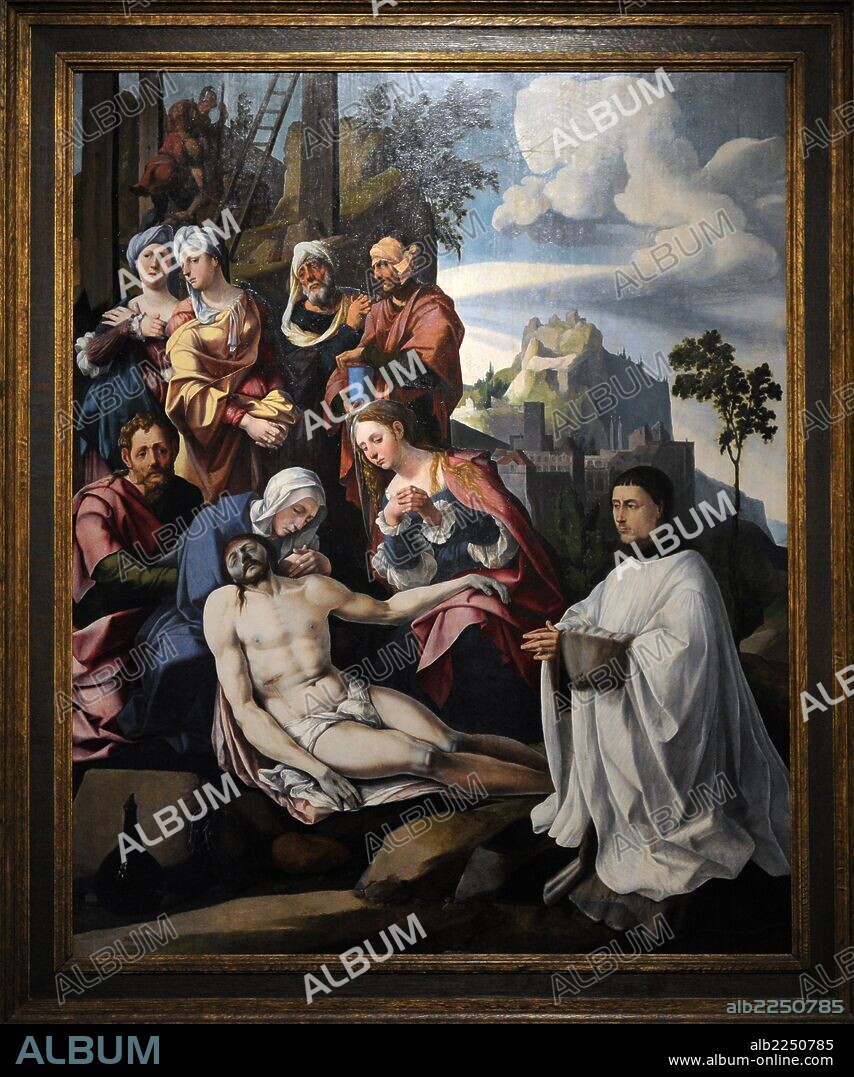 ARTE RENACIMIENTO. HOLANDA. Jan van Scorel (1495-1562). Pintor holandés al que se le atribuye la introducción del arte del Alto renacimiento italiano en los Países Bajos. "Lamentación de Cristo con un donante", 1535. Óleo sobre tabla. Centraal Museum. Utrecht. Países Bajos.
