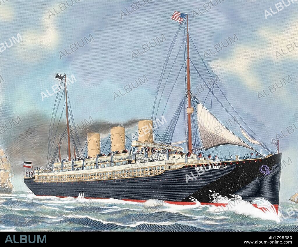 HISTORIA DE LA NAVEGACION. BARCO A VAPOR "S. S. FURST BISMARCK", perteneciente a la "Hamburg America Line", línea de navegación transatlántica y muy activa en la inmigración alemana hacia los Estados Unidos. Grabado coloreado del siglo XIX.