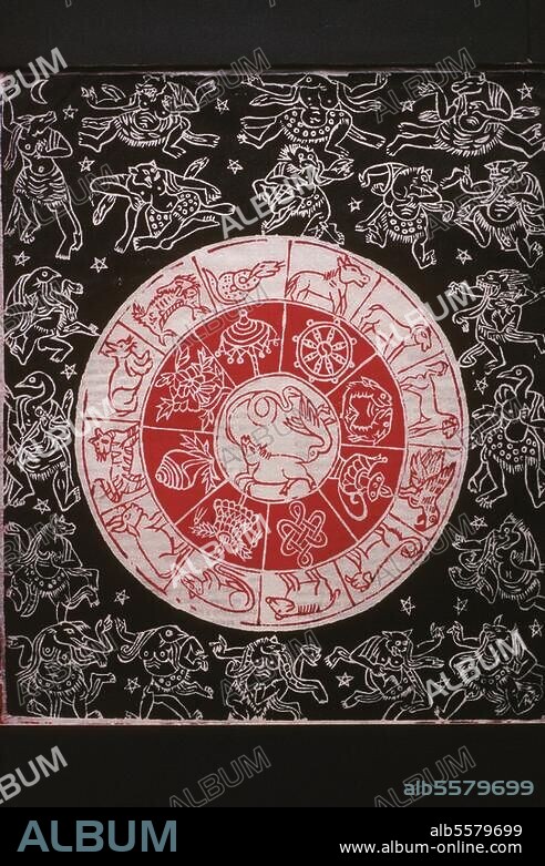 Astrology / Zodiac.-Depiction of a zodiac.-Woodcut, Nepal. From a calendar.