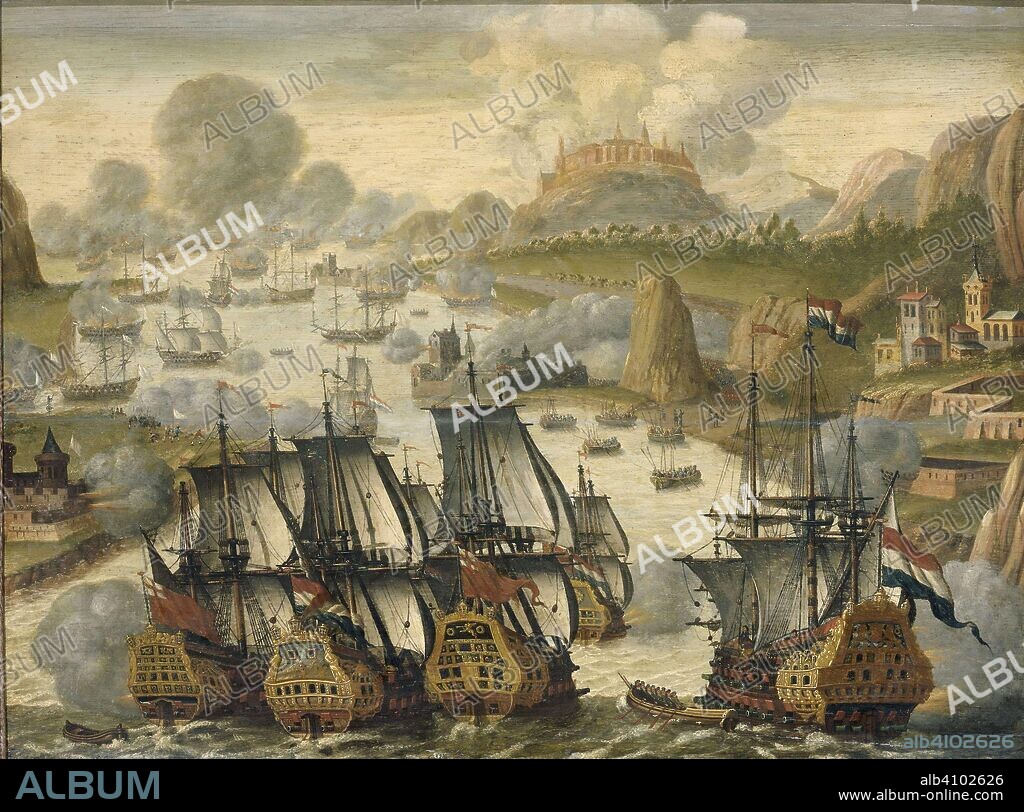 Naval Battle of Vigo Bay, 23 October 1702. Episode from the War of the Spanish Succession. Dating: c. 1705. Place: Northern Netherlands. Measurements: h 59 cm × h 62 cm × w 82.5 cm; d 6 cm.