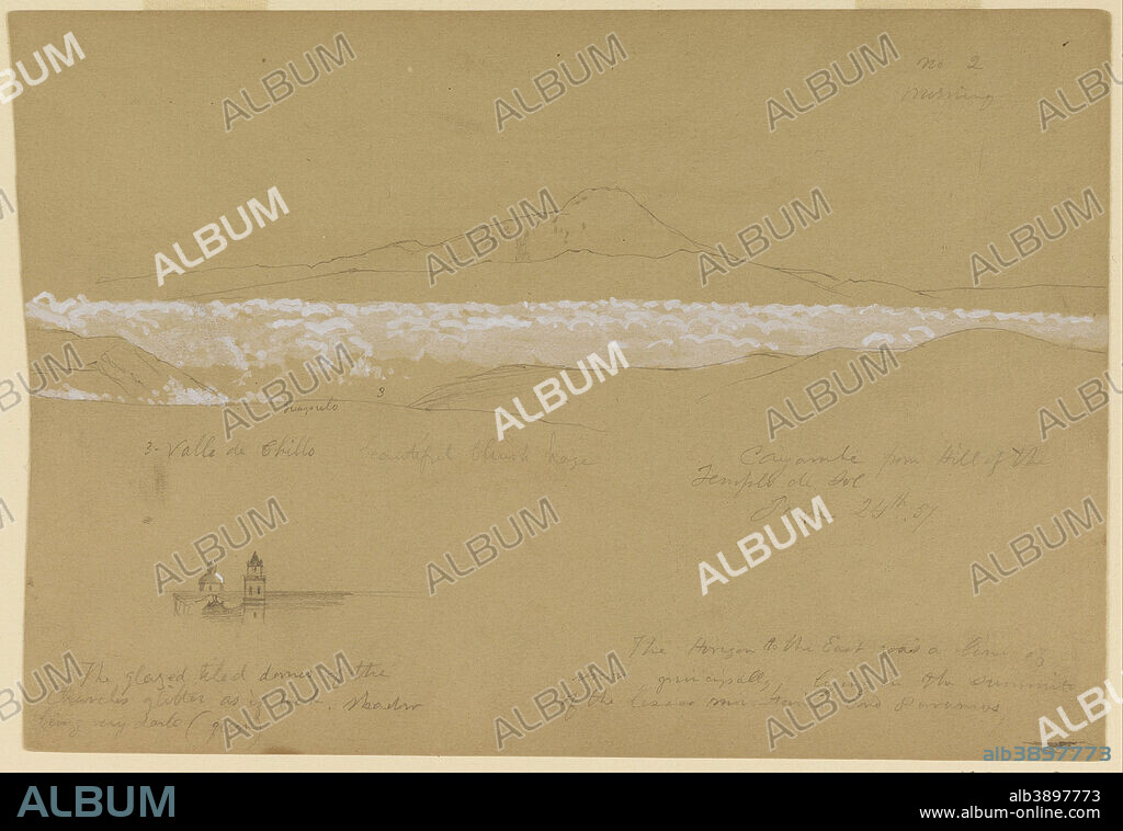 FREDERIC EDWIN CHURCH. Cayambé, Morning, from the Temple of the Sun, Quito. Date/Period: June 24, 1857. Drawing. Graphite, brush and white gouache on tan wove paper.