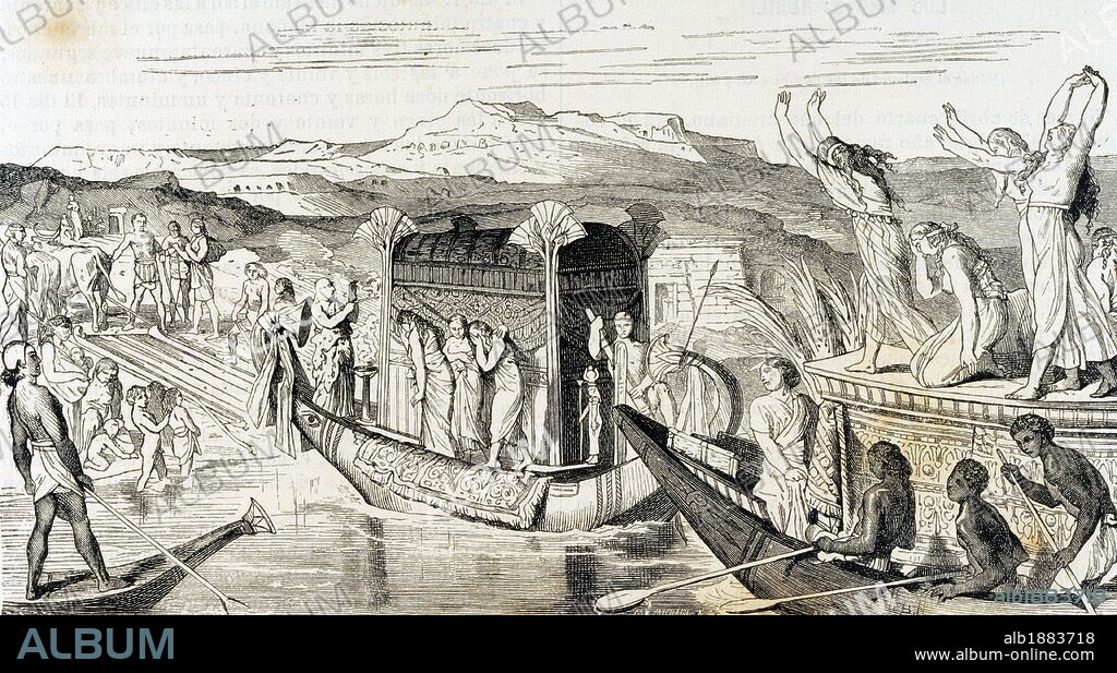 HISTORIA DE EGIPTO. COMITIVA FUNEBRE DIRIGIENDOSE A LA NECROPOLIS. La comitiva cruzaba el río Nilo con la barca en la que se colocaba al difunto y las plañideras. Grabado de 1882.