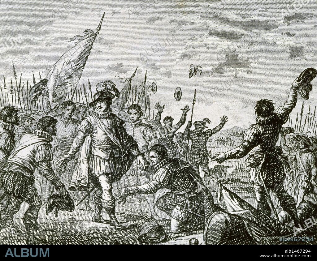 Afonso I or Dom Afonso Henriques (1109-1185). First king of Portugal. Defeat of the Arabs in Ourique (1139). In the same field, is proclaimed king Afonso. Eighteenth-century engraving.
