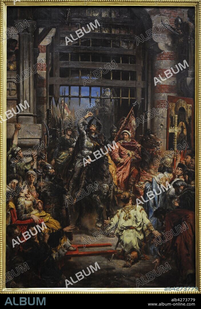 Boleslao I el Bravo (966/967-1025). Rey de Polonia; Sviatopolk I el Maldito (h.980-1019). Gran Príncipe de Kiev. Boleslao I el Bravo y Sviatopolk I el Maldito en el Golden Gate en Kiev, 1884. Pintura de Jan Matejko (1838-1893). Galería de Arte Polaco del siglo XIX (Lonja de los Paños, Sukiennice). Museo Nacional de Cracovia. Polonia.