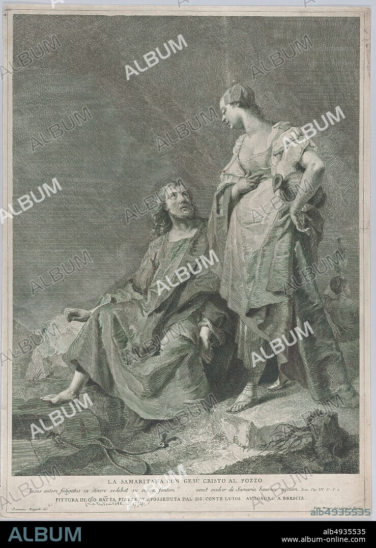 Pietro Monaco, Christ and the woman of Samaria at the well, from the series of 112 prints of the sacred history, after the painting by Giovanni Battista Piazzetta, Pietro Monaco (Italian, Belluno 17071772 Venice), Intermediary draughtsman Domenico Magioto (Italian, Venice 17121794 Venice), After Giovanni Battista Piazzetta (Italian, Venice 16821754 Venice), 174363, Etching and engraving, Sheet (Trimmed): 20 1/4 × 14 5/8 in. (51.5 × 37.1 cm), Prints.