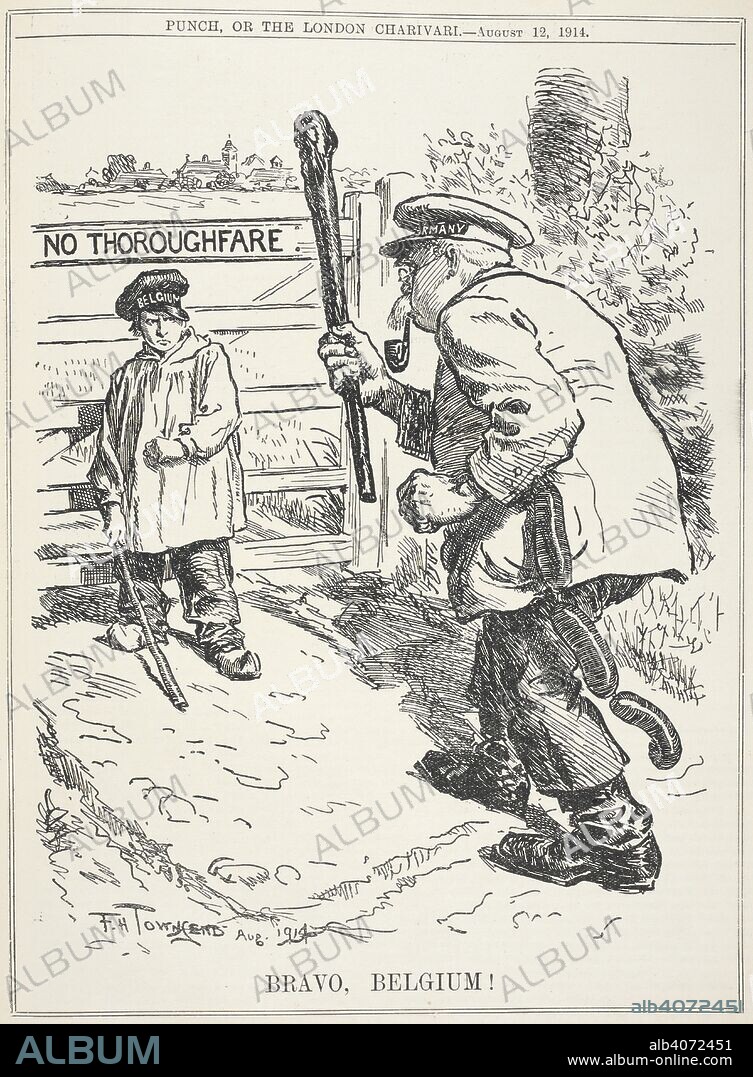 'Bravo, Belgium !' Political cartoon showing a Belgian farmer standing up to the German aggressor. . Punch, or the London charivari. August 12, 1914. Source: P.P.5270.ah page 143.