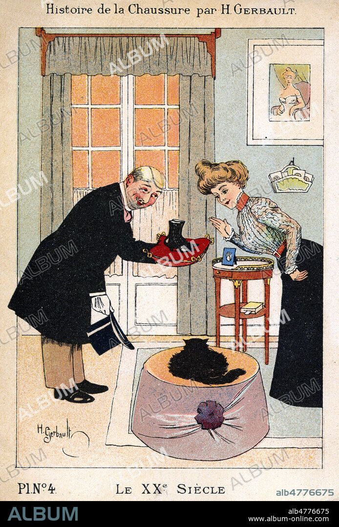 'Histoire de la chaussure. Le 20eme siecle'. Carte publicitaire illustree par H. GERBAULT (1863-1930) vers 1903. Credit : Collection IM/KHARBINE-TAPABOR.