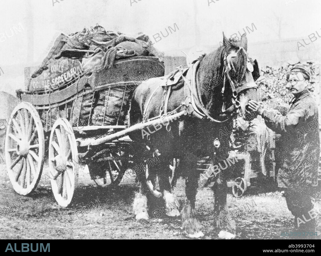 Charringtons coal delivery. A horse and cart full of sacks of coal, ready to be delivered.