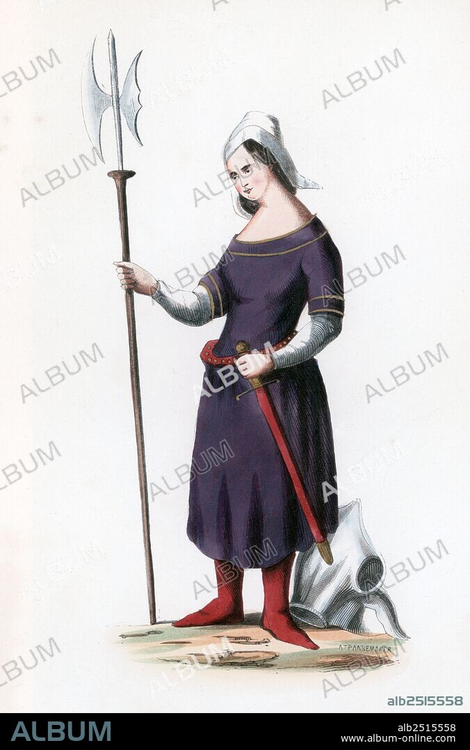 Santa Juana de Arco (1412-1431), la doncella de Orleans. Dibujo. Grabado francés de 1880.