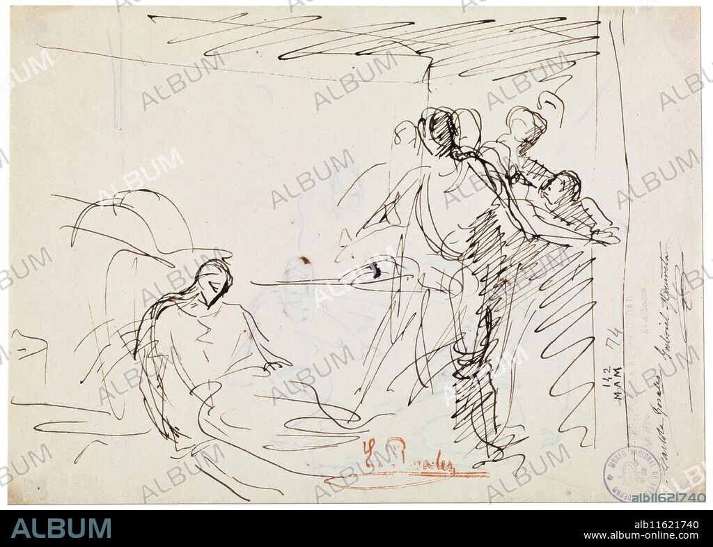 Eduardo Rosales Gallinas / 'La muerte de Lucrecia'. Hacia 1866. Pluma, Tinta china sobre papel avitelado, 190 x 266 mm.