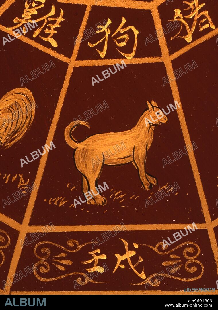 The Chinese symbolic animal Dog, the equivalent of Aquarius. painted lacquerwork from Beijing.
