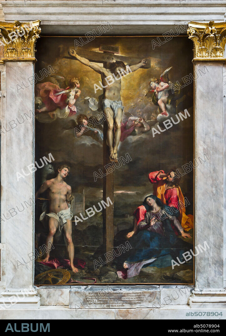Genoa, Duomo (St. Lawrence Cathedral), inside, Senarega or Our Lady of Relief Chapel (southern apse): "Crucifixion of Jesus Christ and St. Sebastiana, the Vrigin and St. John ", by Federico Barocci (1596).