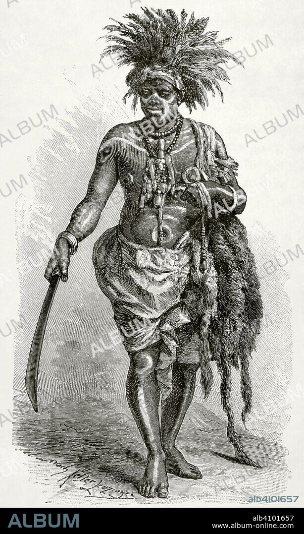 Central Africa. Kingdom of Loango (large region of present-day Angola, Congo and Gabon). Exorcist healer from the coast of Loango. Engraving. Africa inexplorada, el Continente Misterioso by Henry Morton Stanley, c. 1887.