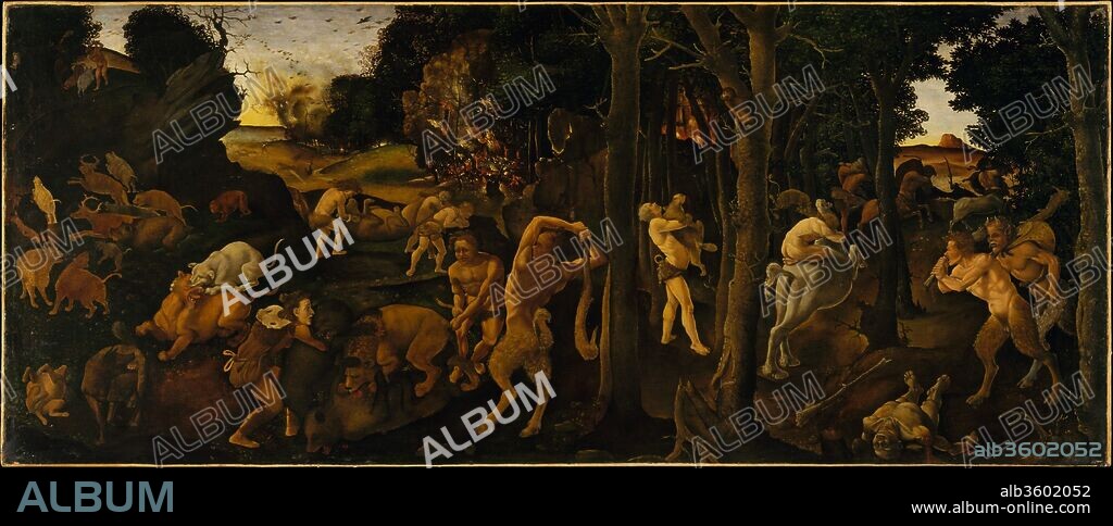 A Hunting Scene. Artist: Piero di Cosimo (Piero di Lorenzo di Piero d'Antonio) (Italian, Florence 1462-1522 Florence). Dimensions: 27 3/4 x 66 3/4 in. (70.5 x 169.5 cm). Date: ca. 1494-1500.
This is one of the most singular works of the Renaissance. It's inspiration was the fifth book of <i>On the Nature of Things</i> by the Epicurean poet and philosopher Lucretius (ca. 99-55 B.C.). A manuscript of Lucretius's work was discovered in 1417 and published in Florence in 1471-73. Lucretius believed that the workings of the world and the evolution of humans can be accounted for by natural rather than divine causes, and he put forward a vision of the history of primitive man and the advent of civilization much discussed in Florentine intellectual circles. For more information visit metmuseum.org.