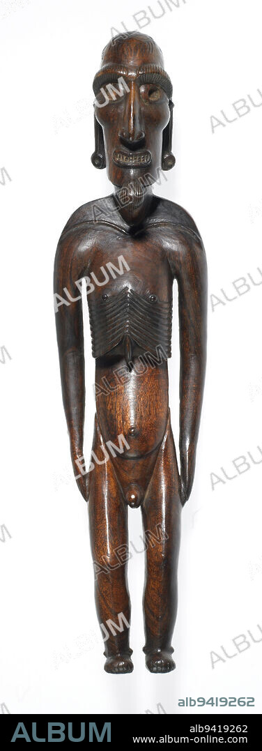 Moai Kavakava, 18th century, 18 3/4 x 5 in. (47.63 x 12.7 cm), Wood, Rapa Nui (Easter Island), 18th century, Moai kavakava, which means 'image with ribs,' is the most common of the wood sculptures on Rapa Nui. These gaunt male figures, with their protruding bones and skull-like heads, probably represent the spirits of the dead. Little is known about their precise functions, but it is likely that they were worn around the neck during certain festivals. The extended earlobes, typical of this type of sculpture, are shown with cylindrical ear ornaments representing the actual shark vertebra earplugs once worn by the island's inhabitants.