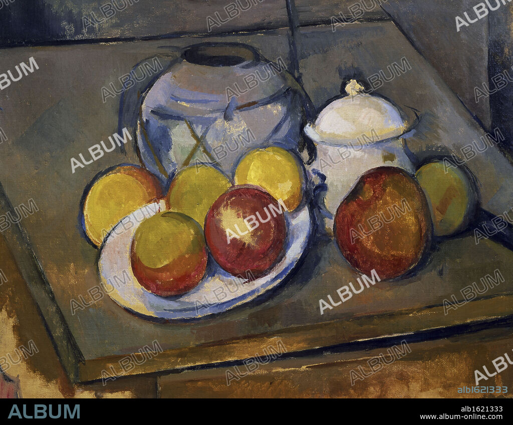 PAUL CÉZANNE. Flawed Vase, Sugar Bowl and Apples  Paul Cezanne (1839-1906 French)  Oil on canvas  Musee de l'Orangerie, Paris, France.