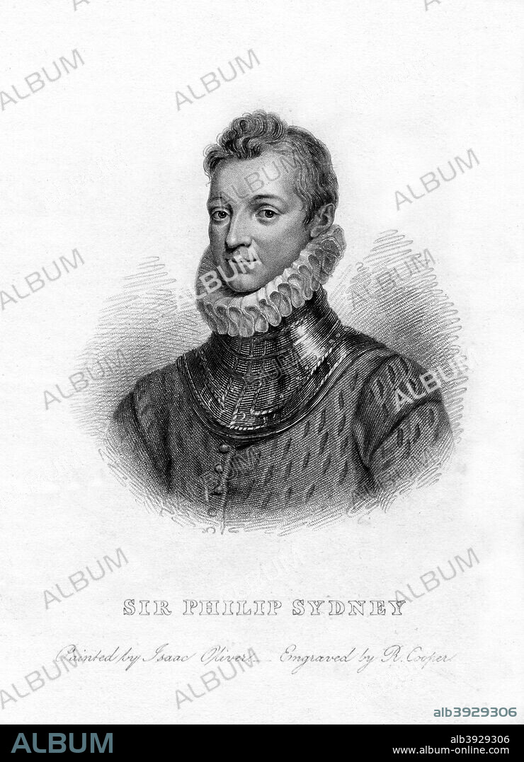 Sir Philip Sidney, English poet, courtier and soldier, 19th century. Sidney (1554-1586) was appointed Governor of Flushing in the Netherlands in 1585. On 22 September 1586 he was wounded in the thigh at the Battle of Zutphen in which the Dutch and English defeated the Spanish, and died at Arnhem 26 days later.