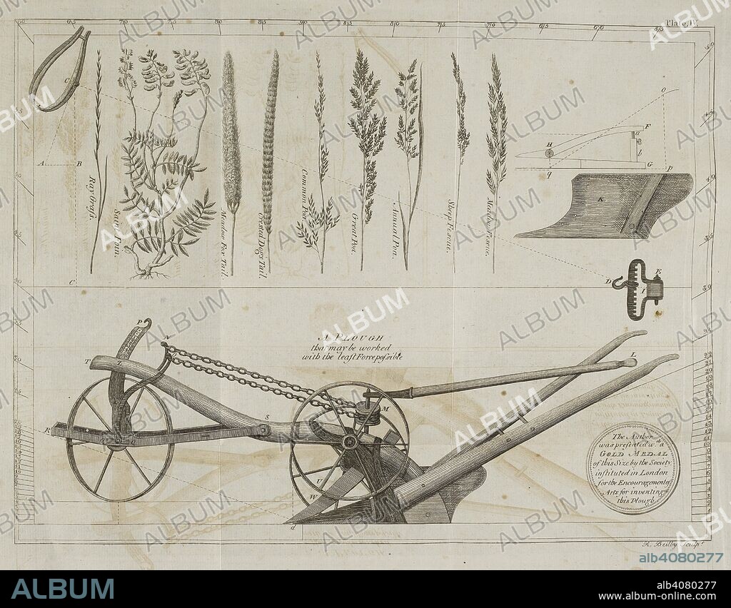 CUTHBERT CLARKE. A Plough.  A sketch of a hand operated plough.  Drawings of ears of agricultural crops. The True Theory and Practice of Husbandry o which is annexed, a compendium of mechanics; calculated to assist the husbandman in the choice and construction of every implement peculiar to his business, etc. London, 177. Source: 34.b.12 Plate 4. Language: English.