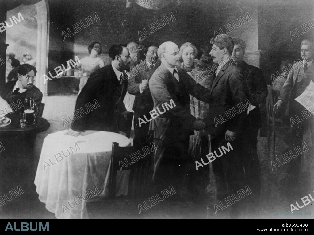 The meeting between V.I.Lenin and J.V.Stalin at the first conference of the Russian Social Democratic labour Party in Tammaerfors, Finland. December 1905. Supplied by: SCRSS - Society for Co-operation in Russian & Soviet Studies.