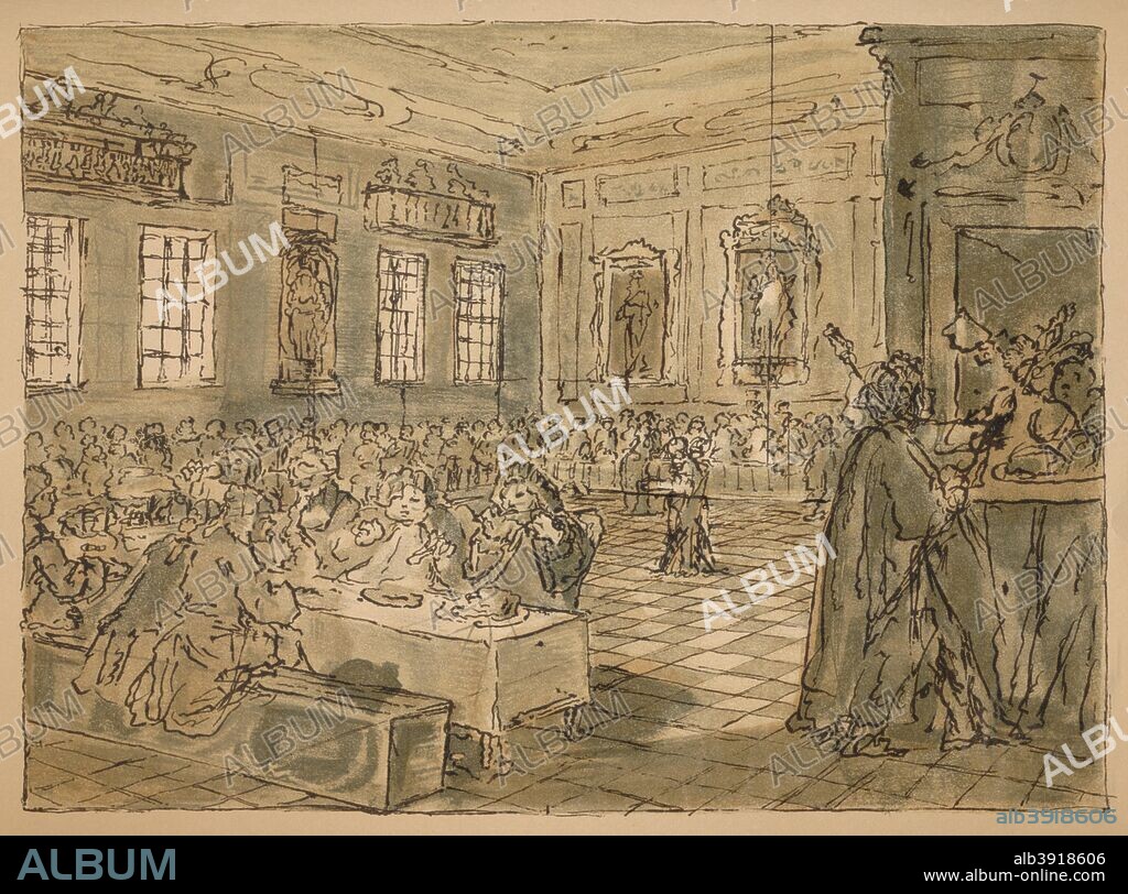 Sketch for 'Industry and Idleness' - Plate VIII, 1747. 'The industrious 'prentice grown rich and sheriff of London'. The scene is old Fishmongers Hall. Hungry 'cits' devour a meal in foreground and a beadle receives a petition on the right. From William Hogarth, by Austin Dobson. [Hachette Et Cie, Paris, 1904].