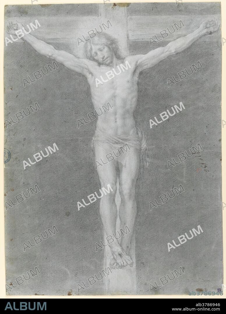 FRANCISCO BAYEU Y SUBIAS. Francisco Bayeu y Subías / 'Cristo crucificado'. Siglo XVIII. Clarión, Lápiz negro sobre papel azulado, 586 x 437 mm.