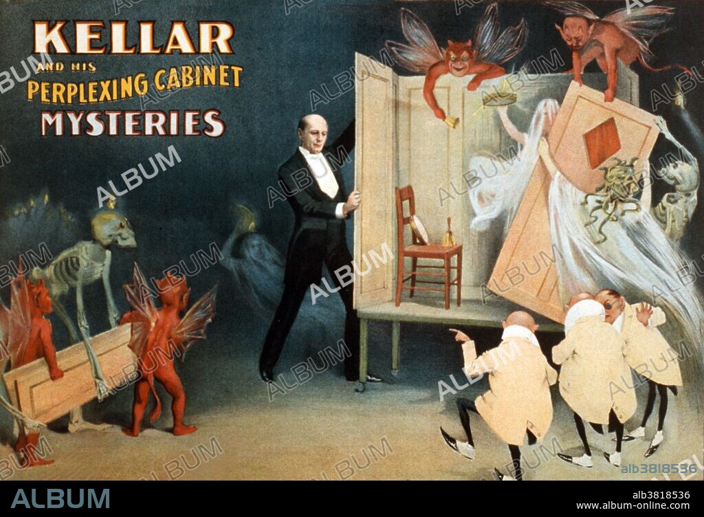Entitled: "Kellar and his perplexing cabinet mysteries" lithograph poster created by the Strobridge Lithographing Company, 1900. Magic has a long history of being associated with the devil and the dark arts. The explosion of devilish advertisements took place when magicians moved from using simple printed playbills to elaborate full color lithographs. Harry Kellar (July 11, 1849 - March 10, 1922) was an American magician who presented large stage shows during the late 19th and early 20th centuries. He was often referred to as the "Dean of American Magicians" and performed extensively on five continents. One of his most memorable stage illusions was the levitation of a girl advertised as the "Levitation of Princess Karnack". He married Eva Lydia Medley, a coronet player, in 1887. She played a part in many of his upcoming illusions, but she also provided music for the shows. He retired in 1908, and allowed Howard Thurston to be his successor. Kellar was often visited by other magicians, notably including Harry Houdini. He died in 1922 at the age of 72 from a pulmonary hemorrhage brought on by influenza.